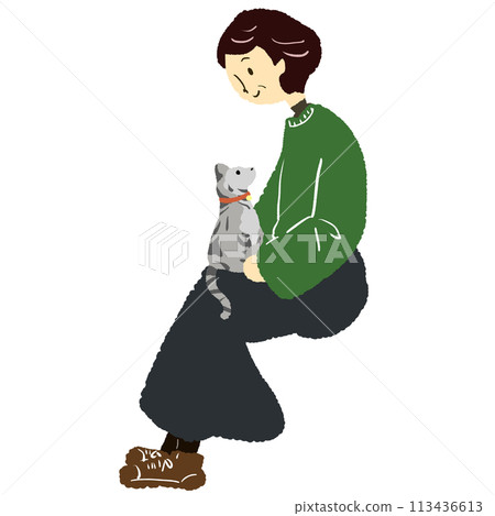 一位老婦人腿上抱著一隻貓的插圖 一位老婦人腿上抱著一隻貓的插圖 113436613