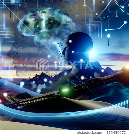 A digital illustration that merges concepts of the human mind, technology, and the cosmos. 113436672