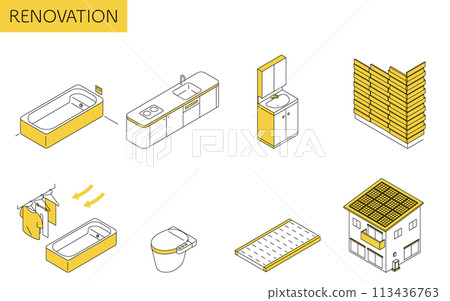 家庭裝修、系統浴室、系統廚房、太陽能發電等的簡單等距插圖。 113436763