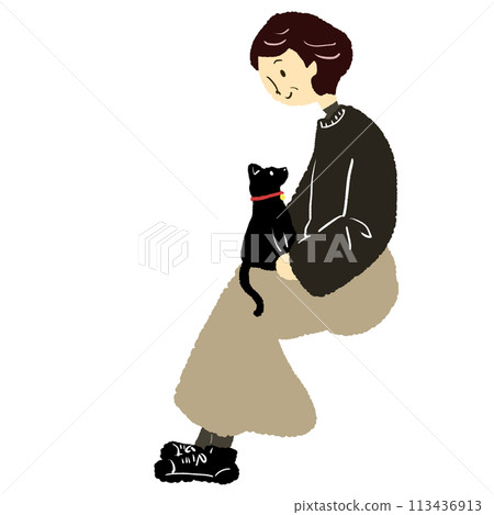 Illustration of an elderly woman with a cat on her lap 113436913