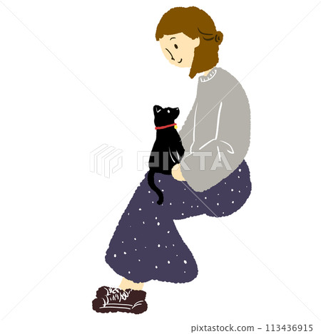 一個女人把一隻貓放在腿上的插圖 113436915
