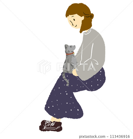 一個女人把一隻貓放在腿上的插圖 113436916