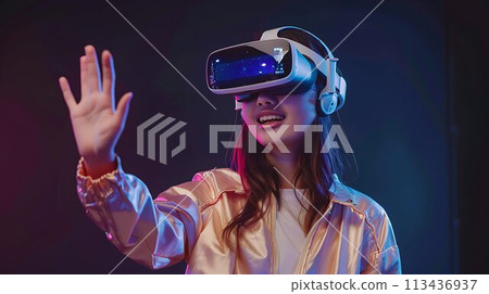 Woman wearing VR goggles AI 113436937