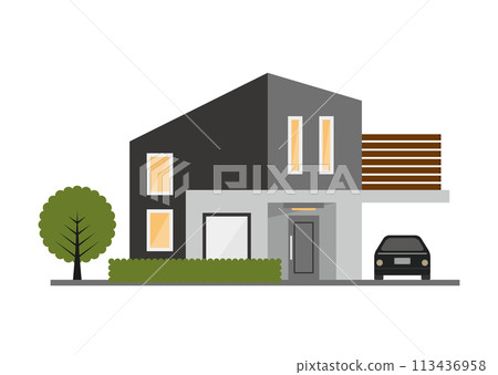 插圖素材：一棟客製化建造的房屋，擁有許多窗戶，是一棟兩層樓的住宅。 113436958