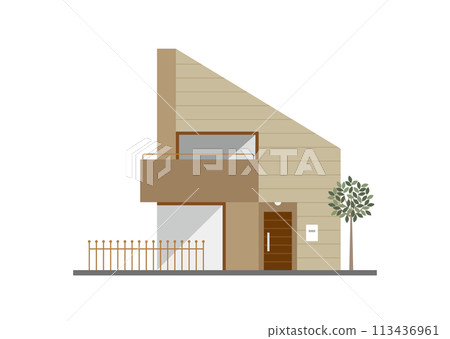 Exterior illustration of a two-story house with siding walls (beige). Exterior illustration of a two-story house with siding walls (beige). 113436961