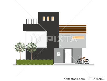 黑色時尚現代住宅，兩層樓平面插畫素材 113436962