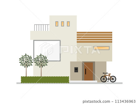 A flat illustration of a two-story house with a whitish, stylish design 113436963