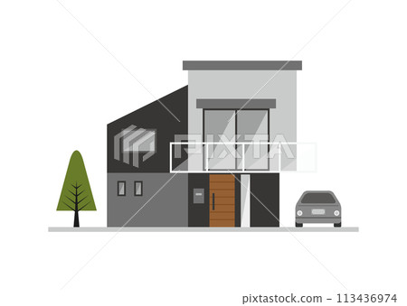 Illustration material of a custom-built two-story home with a transparent balcony 113436974