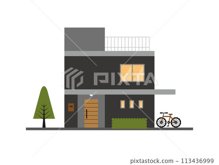 一幅時尚的兩層獨立式住宅的平面插圖,帶有屋頂。 一幅時尚的兩層獨立式住宅的平面插圖,帶有屋頂。 113436999