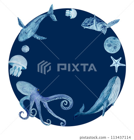 Sea life watercolor hand-drawn blue monochromatic round frame isolated on white. Sea life watercolor hand-drawn blue monochromatic round frame isolated on white. 113437114