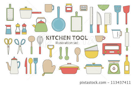 Kitchen tools, simple, line drawing, illustration, set, home appliances, kitchen, icon, cafe, restaurant, color 113437411
