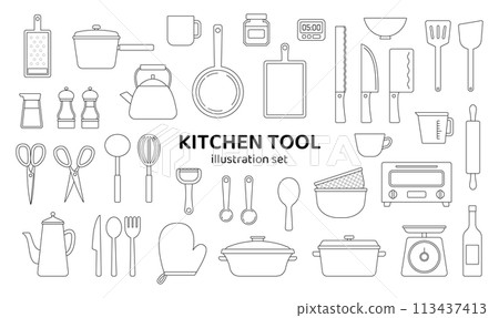 Kitchen tools, simple, line drawing, illustration, set, home appliances, kitchen, icon, cafe, restaurant, black and white Kitchen tools, simple, line drawing, illustration, set, home appliances, kitchen, icon, cafe, restaurant, black and white 113437413