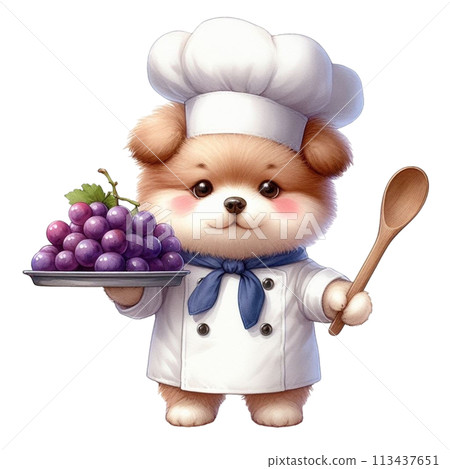 dog wearing a chef's uniform holding grapes clipart watercolor dog wearing a chef's uniform holding grapes clipart watercolor 113437651