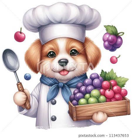 dog wearing a chef's uniform holding grapes clipart watercolor 113437653