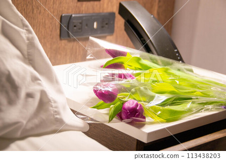 Flowers tulips pink with bright green stems and leaves on a blue background. Flowers tulips pink with bright green stems and leaves on a blue background. 113438203