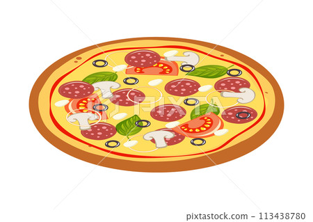 Fresh pizza with tomato, cheese, olive, sausage, onion, basil. Traditional italian fast food. Top view meal. European snack. Fresh pizza with tomato, cheese, olive, sausage, onion, basil. Traditional italian fast food. Top view meal. European snack. 113438780