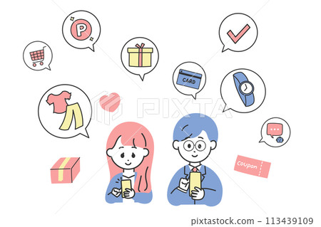 Image illustration of male and female businessmen shopping online Image illustration of male and female businessmen shopping online 113439109