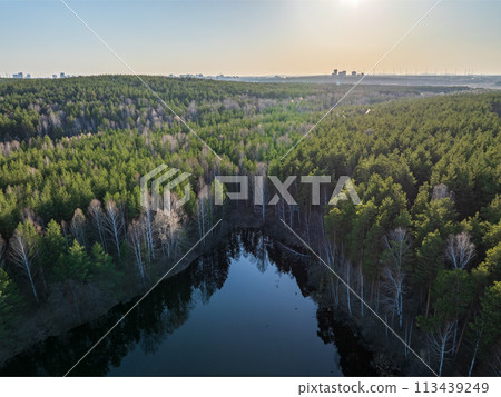 Spring or autumn lake in forest. Aerial view of lake in spring or autumn 113439249
