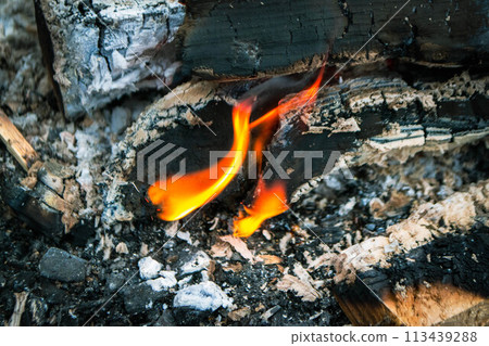 A fire burns in a campfire with a red fire in the background. A fire burns in a campfire with a red fire in the background. 113439288