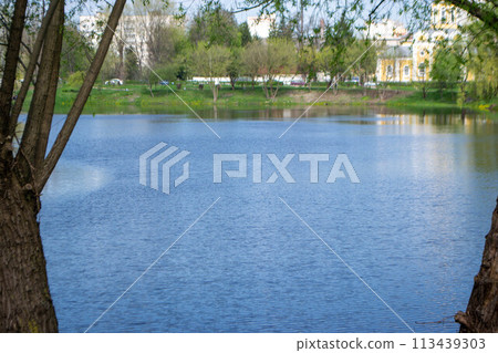 Kids having fun in ferris wheel with chains, carousel ski flyer in amusement park in Targoviste, Romania, 2020. 113439303
