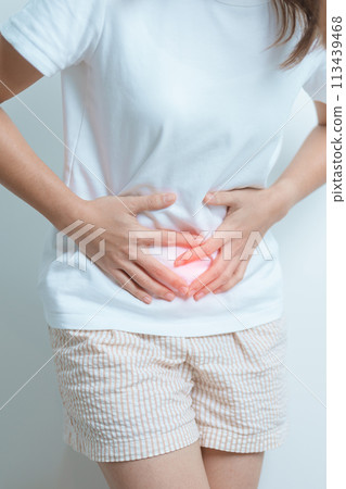 Woman having Stomach pain. Ovarian and Cervical cancer, Cervix disorder, Endometriosis, Hysterectomy, Uterine fibroids, Reproductive system, menstruation, diarrhea and Pregnancy concept Woman having Stomach pain. Ovarian and Cervical cancer, Cervix disorder, Endometriosis, Hysterectomy, Uterine fibroids, Reproductive system, menstruation, diarrhea and Pregnancy concept 113439468