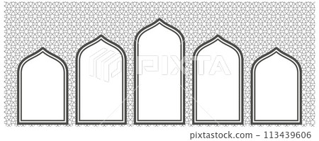 Ramadan windows on pattern wall. Doors and arches in arabic mosque. Arabesque ornament on white background. Interior decoration. Vector illustration Ramadan windows on pattern wall. Doors and arches in arabic mosque. Arabesque ornament on white background. Interior decoration. Vector illustration 113439606