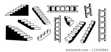Linear stairs and ladders set. Black and white surreal geometric element collection. 3d perspective steps and staircases bundle. Retro outline shapes for collage, poster, banner. Vector art pack 113439663