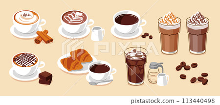 Coffee, latte and iced coffee illustration set Coffee, latte and iced coffee illustration set 113440498