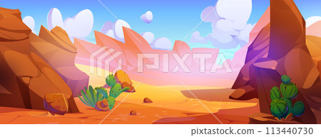 Sandy desert in rocky canyon valley 113440730