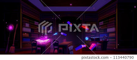 Magic library with flying glowing books Magic library with flying glowing books 113440790