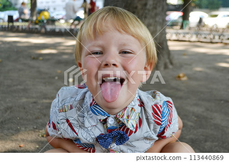 Blond boy 4 years old playing on a children playground and has fun. Blond boy 4 years old playing on a children playground and has fun. 113440869