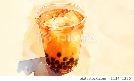 Watercolor illustration of tapioca milk tea 113441230