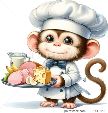 Monkey wearing a chef's uniform holding cheese and ham 113441456