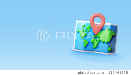 3D cartoon folded world map with location pin 3D cartoon folded world map with location pin 113441556