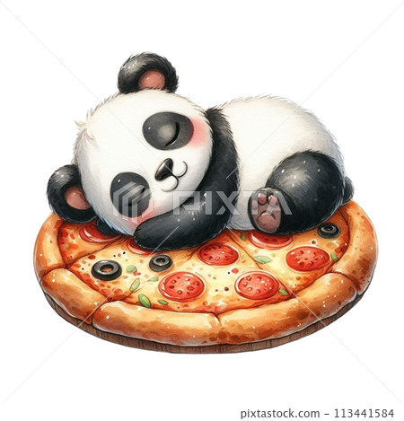 panda sleeping on pizza clipart watercolor 113441584