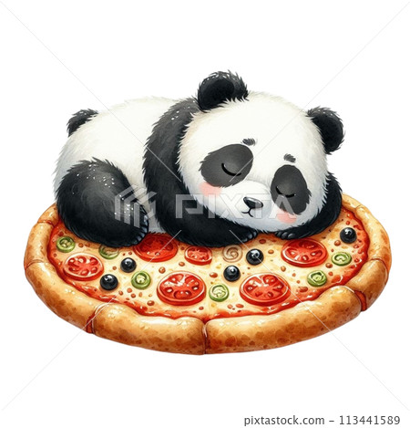 panda sleeping on pizza clipart watercolor 113441589