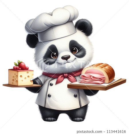 panda wearing a chef's uniform holding cheese and ham panda wearing a chef's uniform holding cheese and ham 113441616