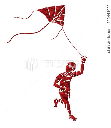 A Boy Running Fly a Kite Child Playing Cartoon Graphic Vector 113441633