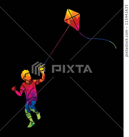 A Boy Running Fly a Kite Child Playing Cartoon Graphic Vector 113441635