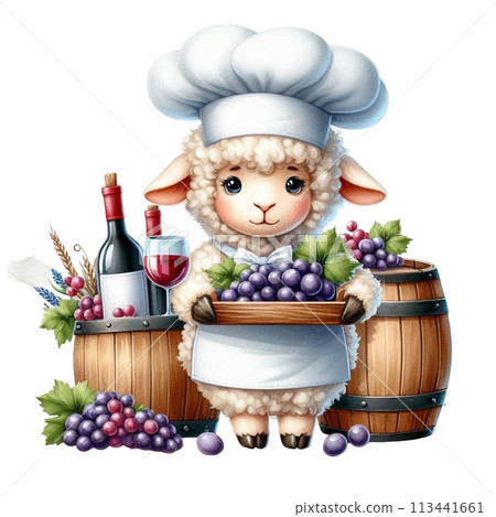 Sheep holding grapes clipart watercolor 113441661