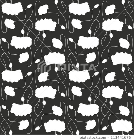 Seamless pattern with abstract poppy flowers white silhouettes on black 113441676