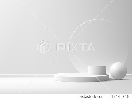 A minimalist scene with 3D white podium, sphere, and circle glass against a white background A minimalist scene with 3D white podium, sphere, and circle glass against a white background 113441846
