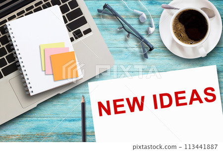 Business quotes, NEW IDEAS or paper in office desk, office workplace Business quotes, NEW IDEAS or paper in office desk, office workplace 113441887