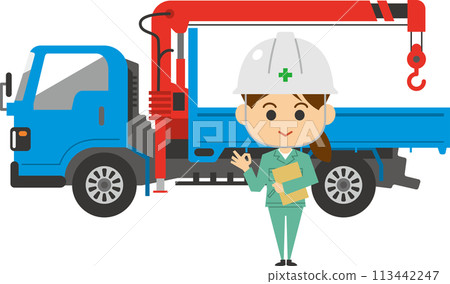 一名女工站在起重車前的圖像插圖 113442247