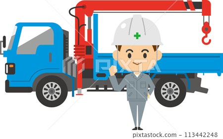一名男工人站在起重機車前的圖像插圖 113442248