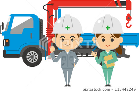 一名男性和女性工人站在起重機卡車前的圖像插圖 一名男性和女性工人站在起重機卡車前的圖像插圖 113442249