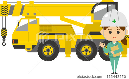 Image illustration of a female worker standing in front of a large crane truck Image illustration of a female worker standing in front of a large crane truck 113442250