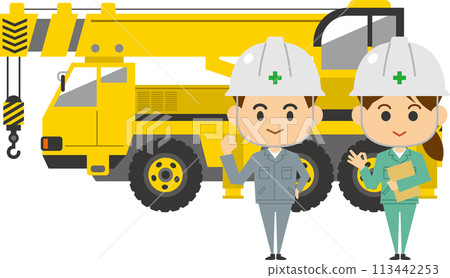 Image illustration of male and female workers standing in front of a large crane truck 113442253