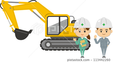 站在大型挖土機前的男性和女性工作者的圖像插圖 113442260