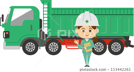 一名女工站在自卸車前的圖像插圖 一名女工站在自卸車前的圖像插圖 113442261